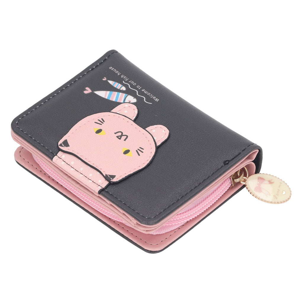 Female Korean Version Small PU Leather Coin Purse Student Cute Animal Change Bag Zipper Foldable Short Style Change Purse for Woman Girls Black