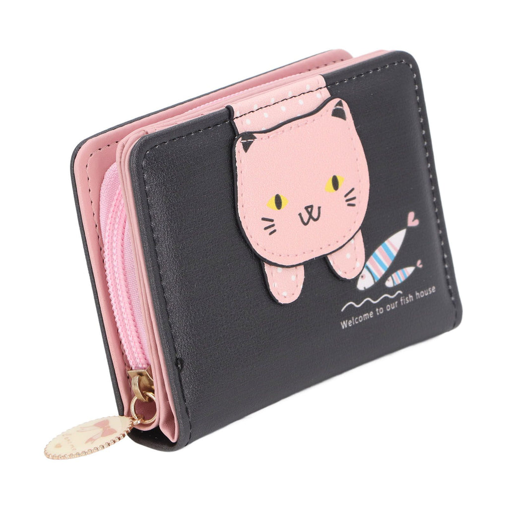 Female Korean Version Small PU Leather Coin Purse Student Cute Animal Change Bag Zipper Foldable Short Style Change Purse for Woman Girls Black