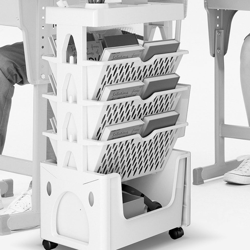 Rolling Mobile Bookshelf with Wheels 5 Tiers Large Capacity Strong Load Bearing Capacity Utility Cart for Study Kitchen White