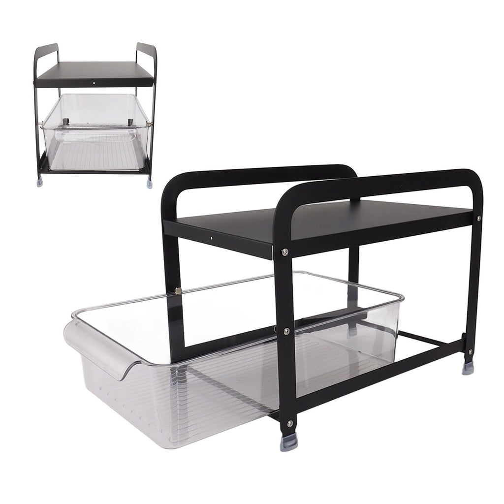Cup Storage Organizer Shelf 2 Tier Pull Out Countertop Organizer Multifunctional Desktop Storage Rack for Home Office Black