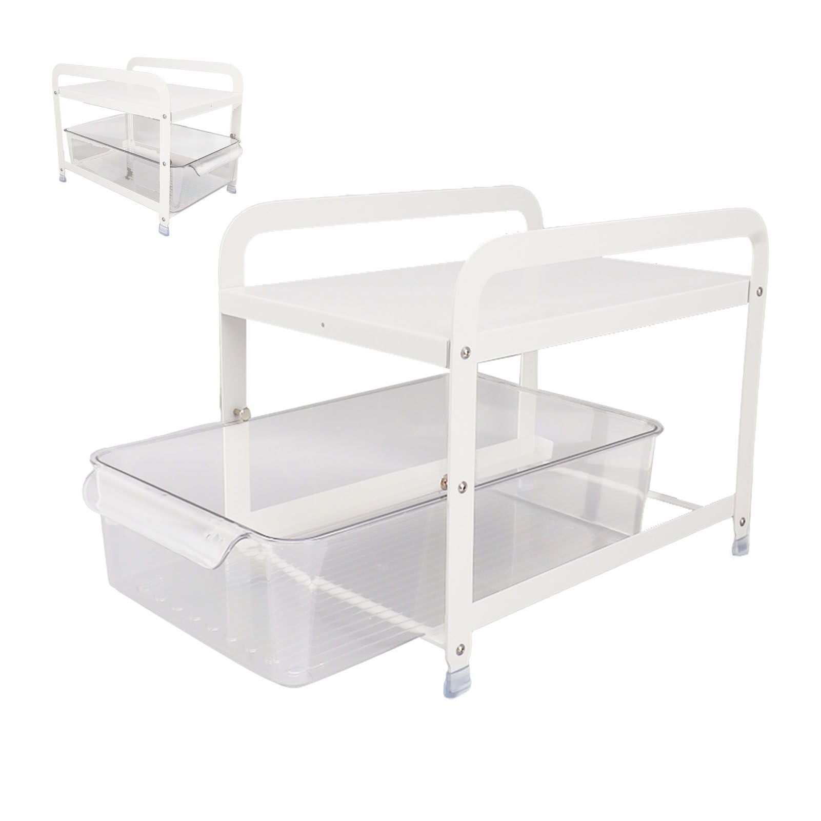 Cup Storage Organizer Shelf 2 Tier Pull Out Countertop Organizer Multifunctional Desktop Storage Rack for Home Office White