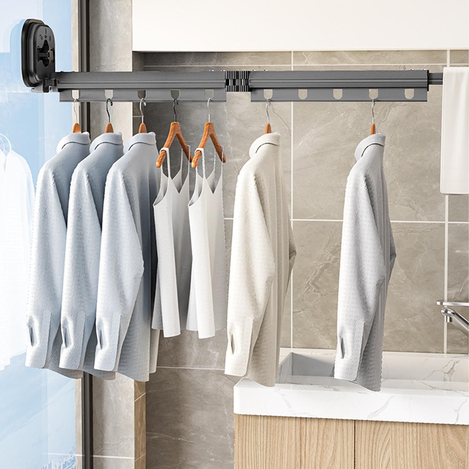 Wall Mounted Clothes Drying Rack Space Saving Laundry Clothes Rack Retractable Dryer Collapsible for Balcony Laundry Punch Free Bi Fold Grey