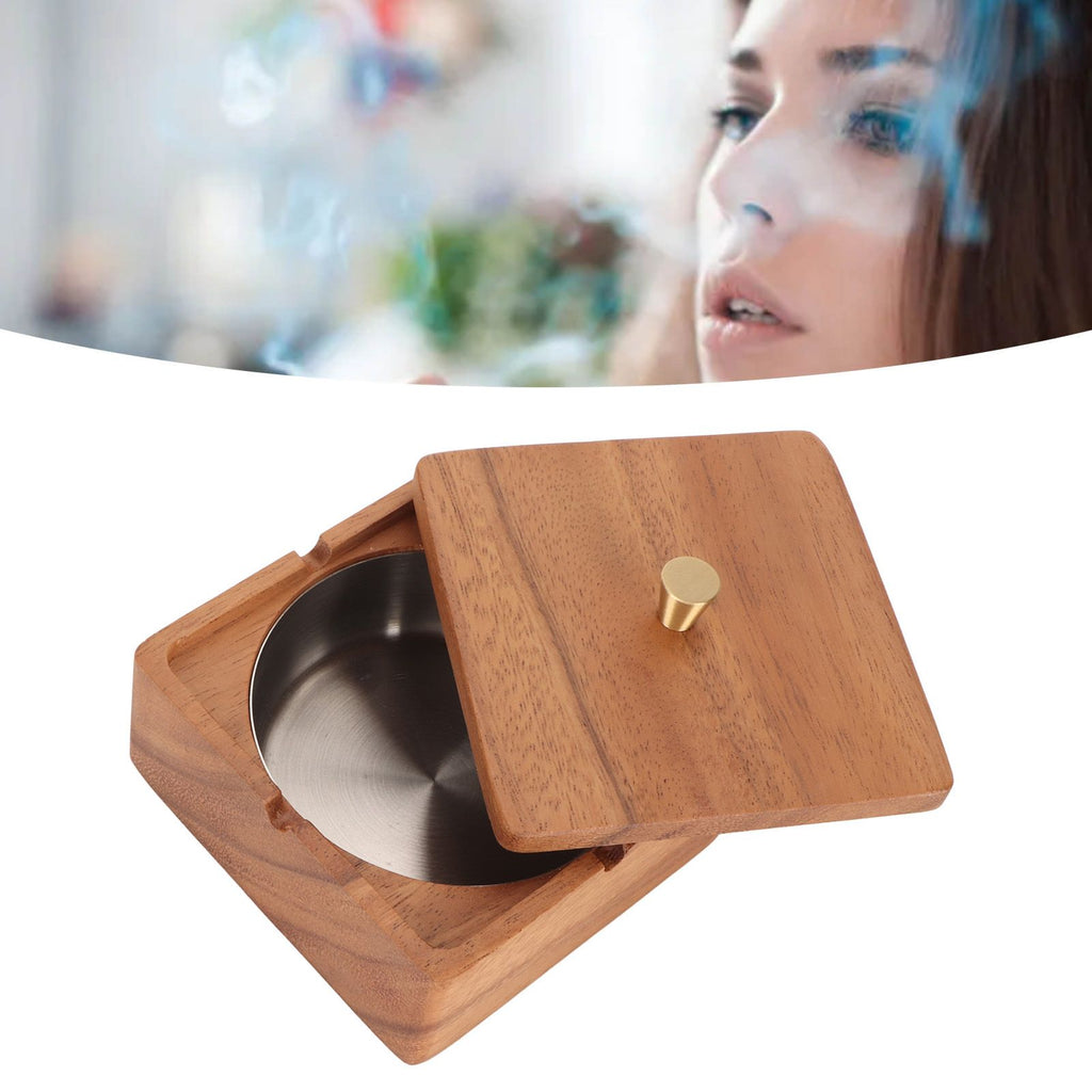 Cigar Ashtray with Lid Walnut Wood Windproof Decorative Desktop Cigarettes Ashtray for Outdoor Patio Indoor Home and Office Silver