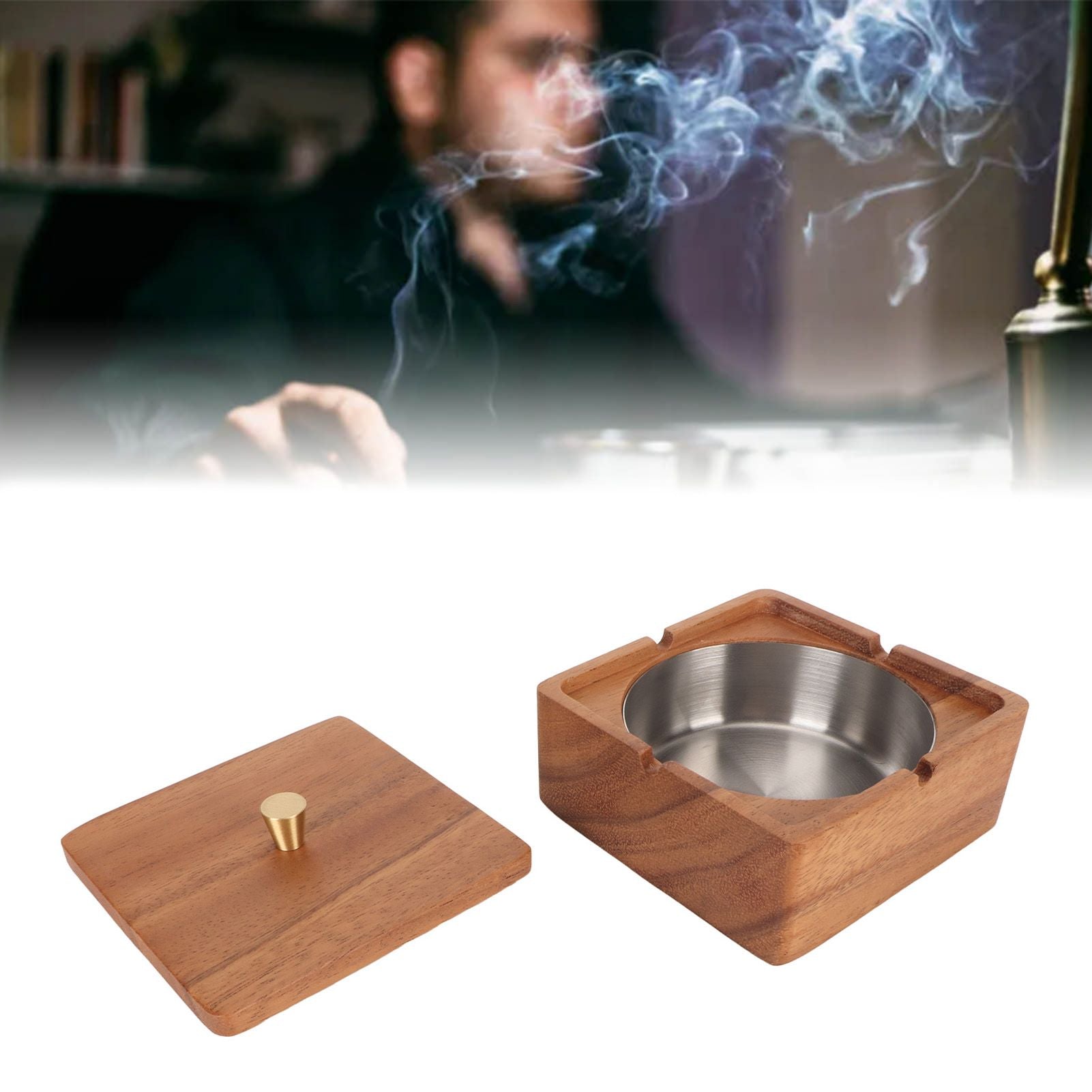 Cigar Ashtray with Lid Walnut Wood Windproof Decorative Desktop Cigarettes Ashtray for Outdoor Patio Indoor Home and Office Silver