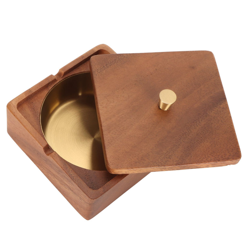 Cigar Ashtray with Lid Walnut Wood Windproof Decorative Desktop Cigarettes Ashtray for Outdoor Patio Indoor Home and Office Gold