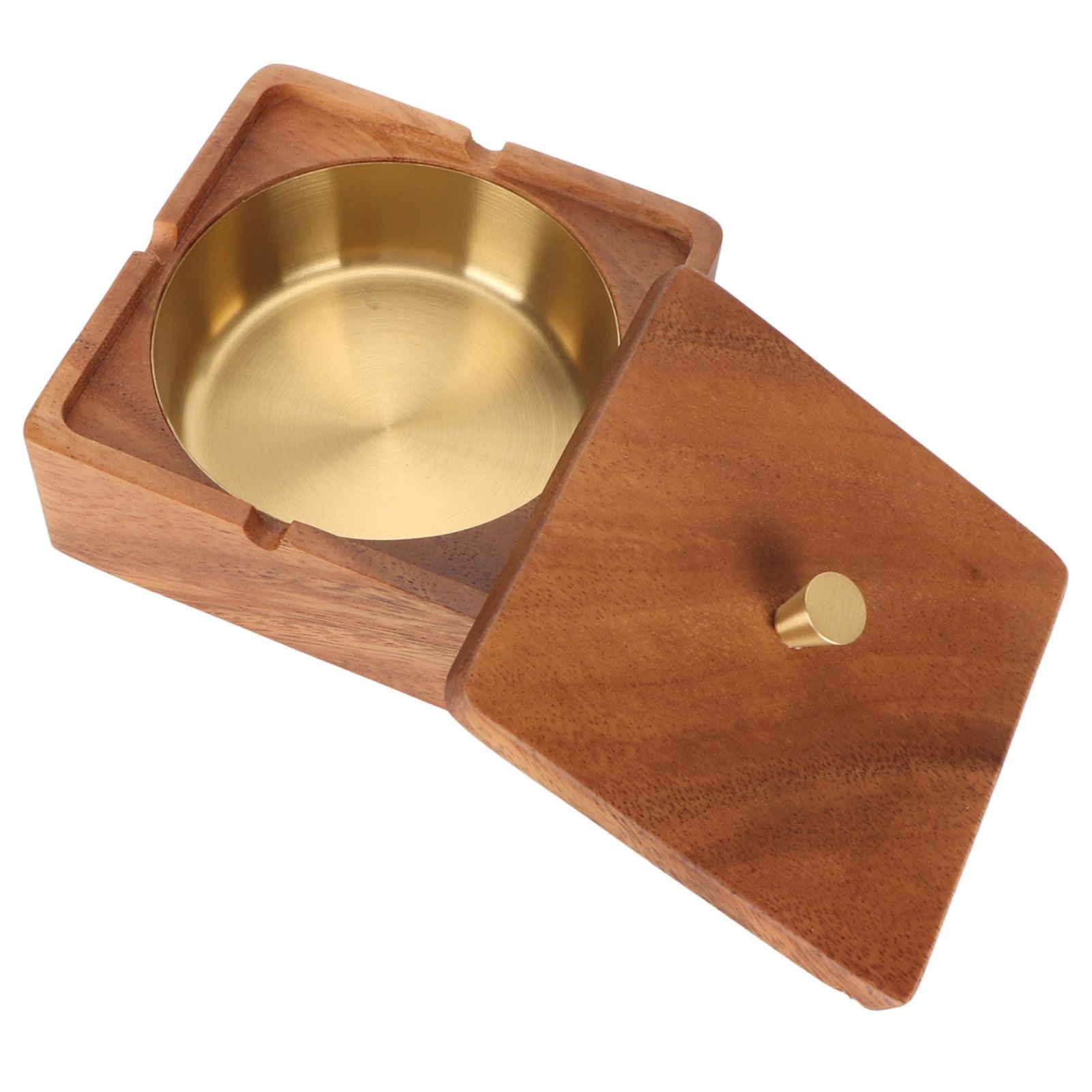 Cigar Ashtray with Lid Walnut Wood Windproof Decorative Desktop Cigarettes Ashtray for Outdoor Patio Indoor Home and Office Gold