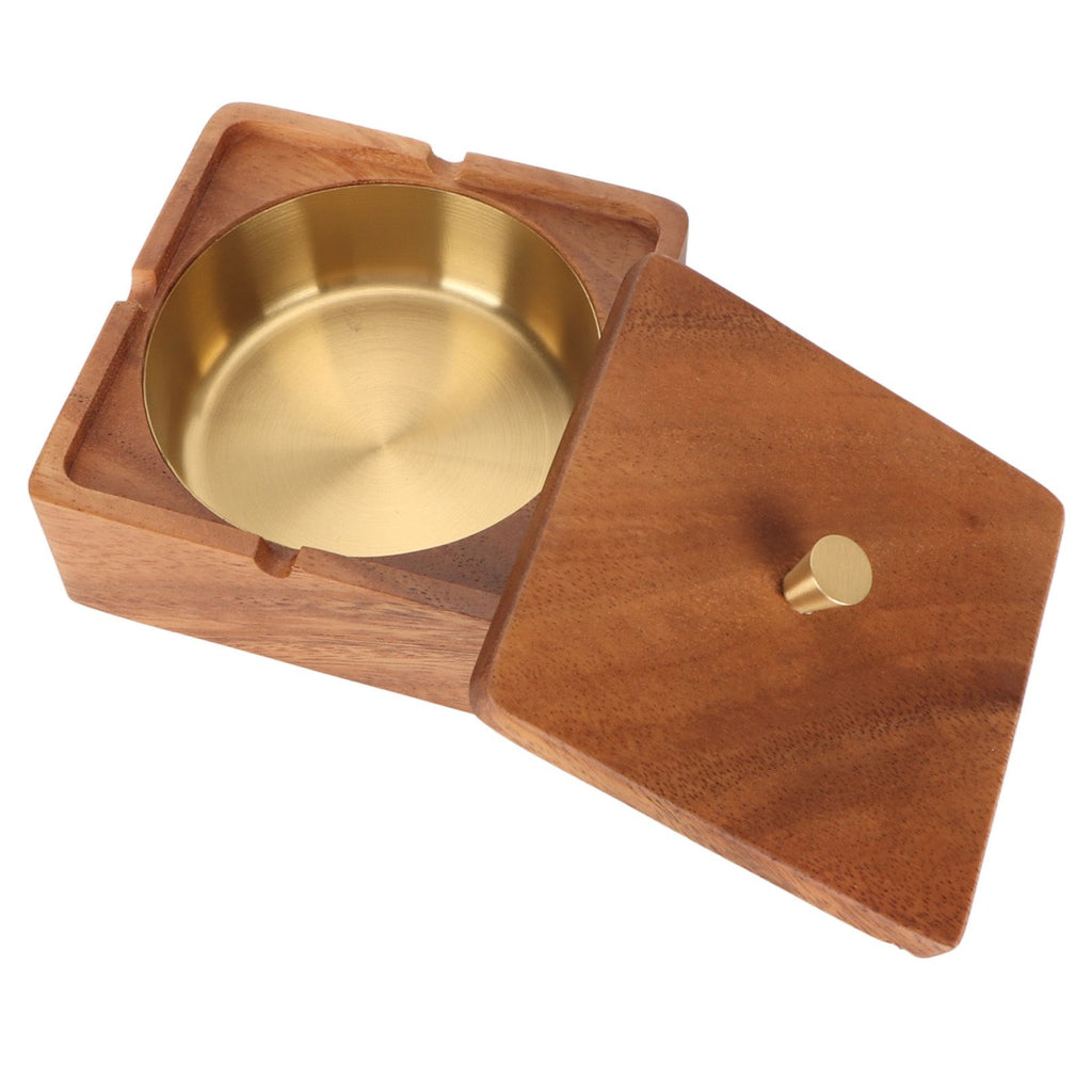 Cigar Ashtray with Lid Walnut Wood Windproof Decorative Desktop Cigarettes Ashtray for Outdoor Patio Indoor Home and Office Gold
