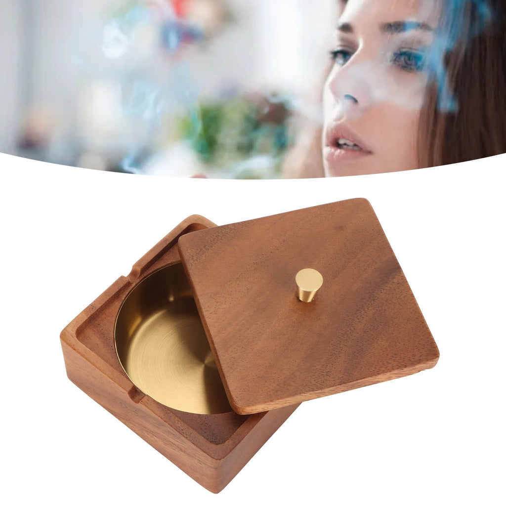 Cigar Ashtray with Lid Walnut Wood Windproof Decorative Desktop Cigarettes Ashtray for Outdoor Patio Indoor Home and Office Gold