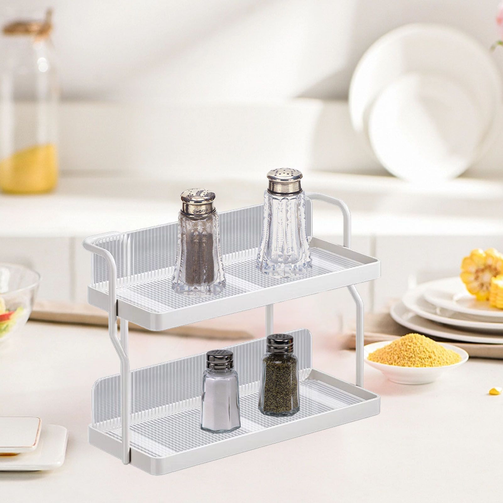 Countertop Shelf Organizer Carbon Steel 2 Tier Multifunctional Kitchen Spice Rack for Bedroom Bathroom Cupboard Under Sink Cream White