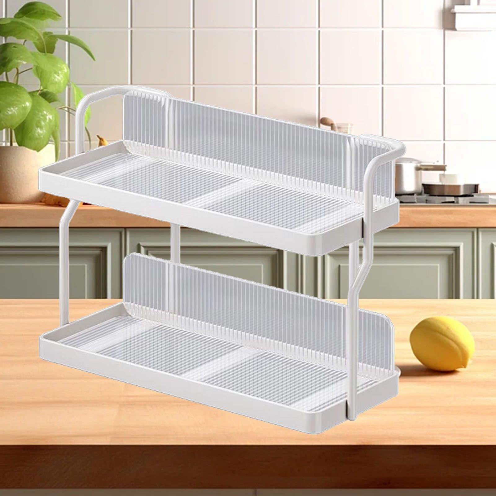 Countertop Shelf Organizer Carbon Steel 2 Tier Multifunctional Kitchen Spice Rack for Bedroom Bathroom Cupboard Under Sink Cream White