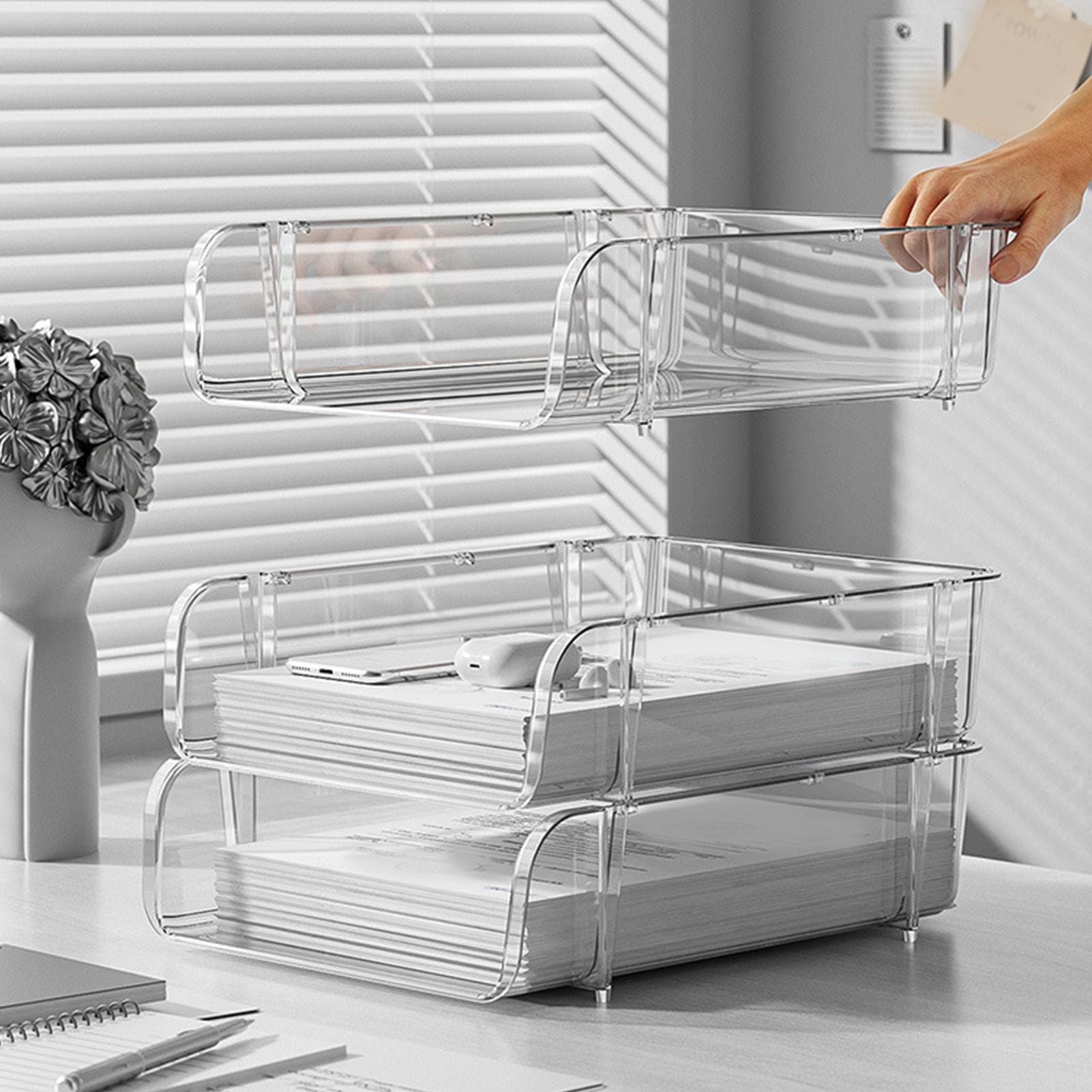 Transparent Desktop Stationery Organizer Stackable Stationery Files Storage Shelf Desktop Organizer L 26.5x33.2x8.5cm