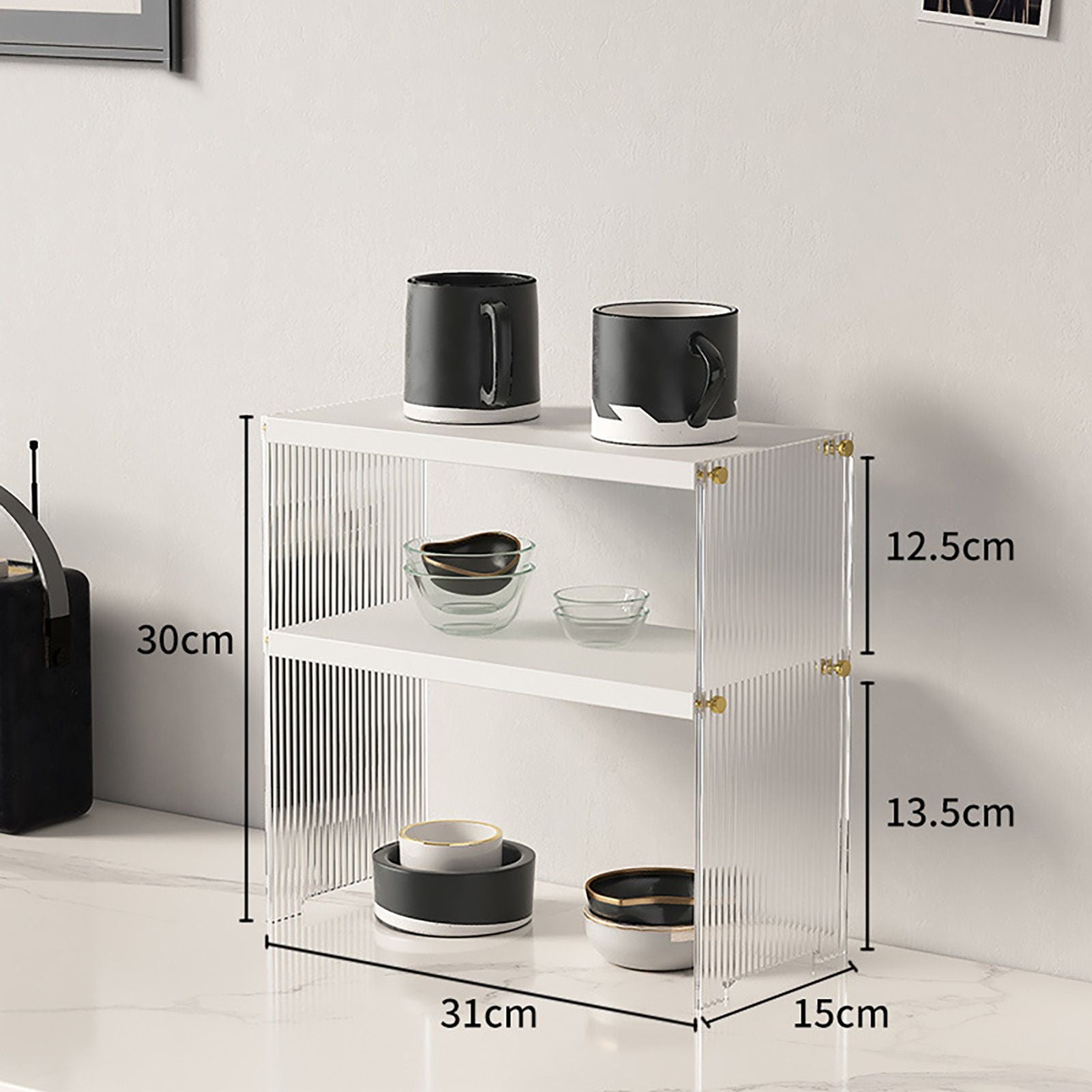 Coffee Mug Storage Shelf Stable Support Large Capacity Countertop Organizer for Living Room Bedroom White 2 Tier