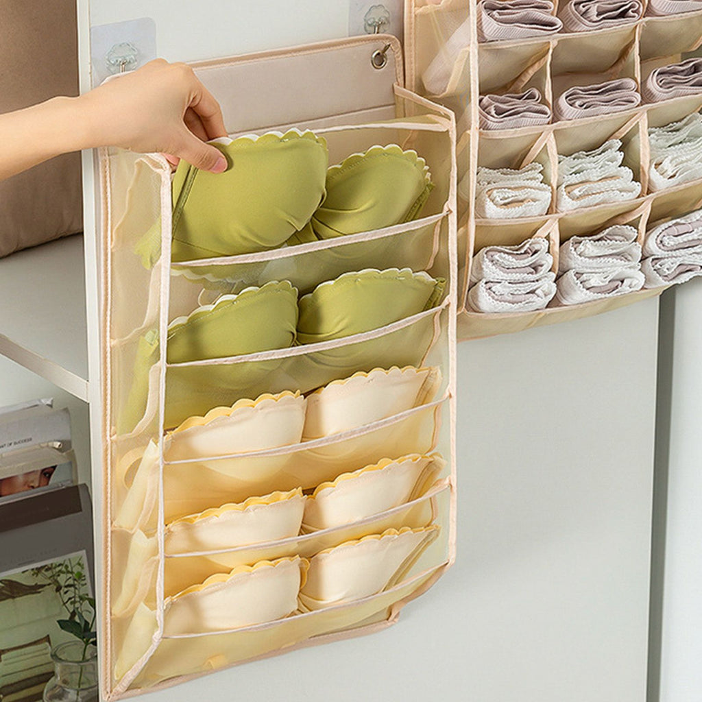 Closet Hanging Underwear Organizer Mesh Oxford Cloth PP Board Underwear Wall Shelf Wardrobe Hanging Storage Bag for Bra Socks Underpants 5 Pockets Beige