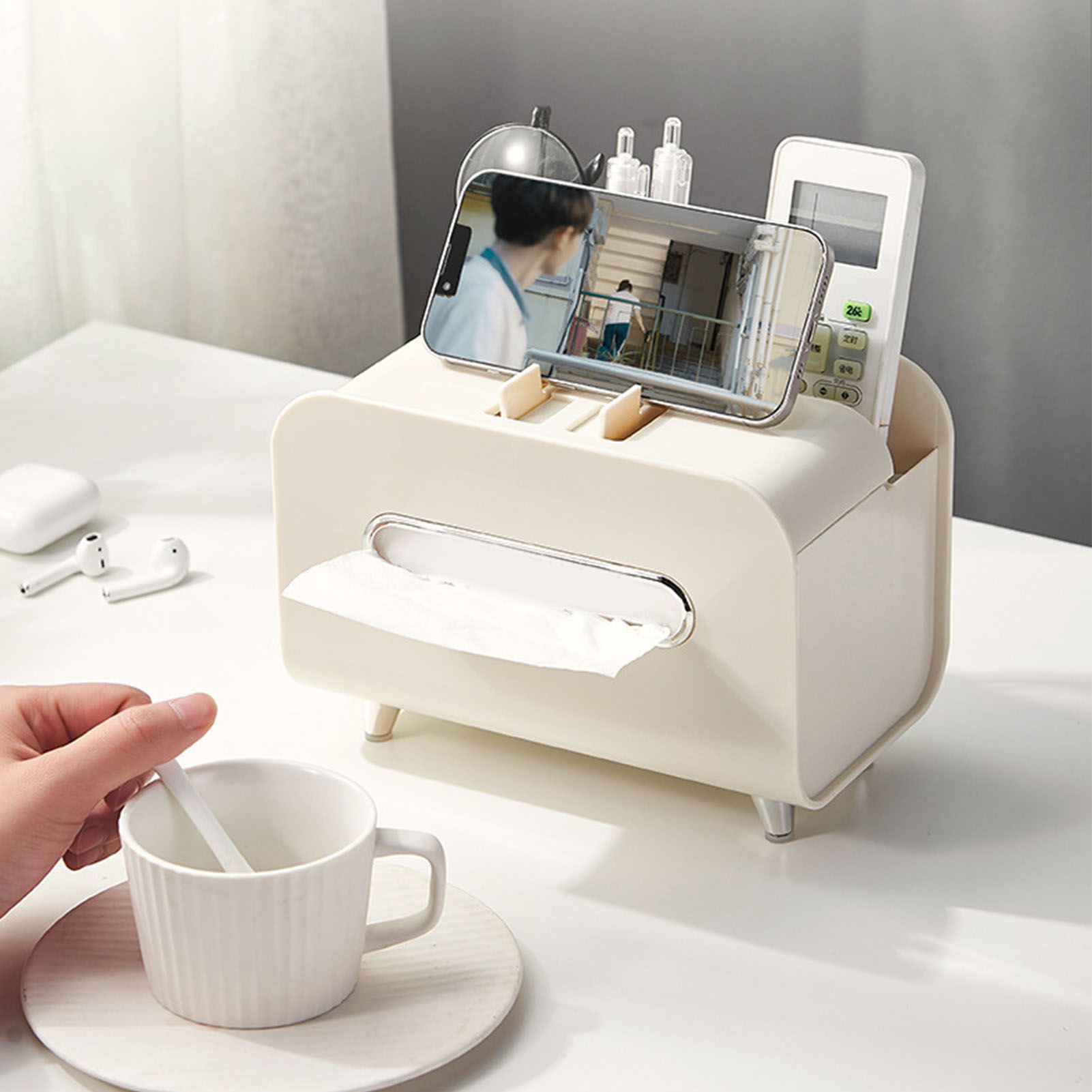 Desktop Tissue Box Multifunction Tissue Storage Dispenser with Phone Holder Remote Control Organizer Cream White