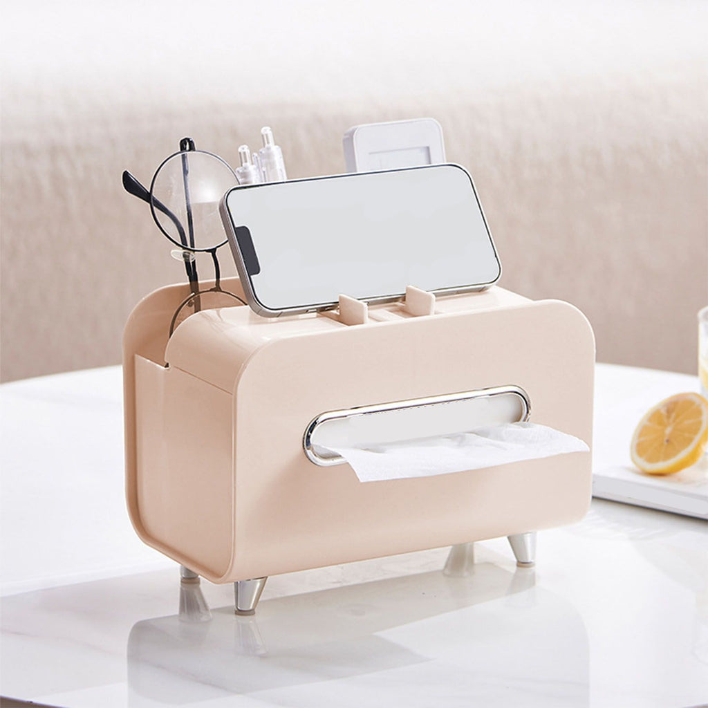 Desktop Tissue Box Multifunction Tissue Storage Dispenser with Phone Holder Remote Control Organizer Pink