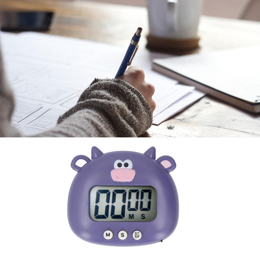 Digital Kitchen Timer Countup Countdown Cartoon Animal Sound Flash Alert Easy Operation with Stand for Cooking Teaching Purple Cow