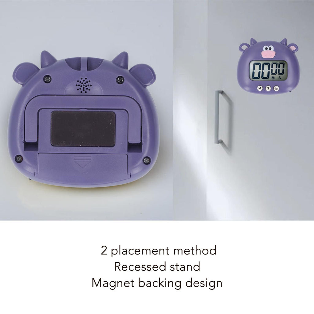 Digital Kitchen Timer Countup Countdown Cartoon Animal Sound Flash Alert Easy Operation with Stand for Cooking Teaching Purple Cow