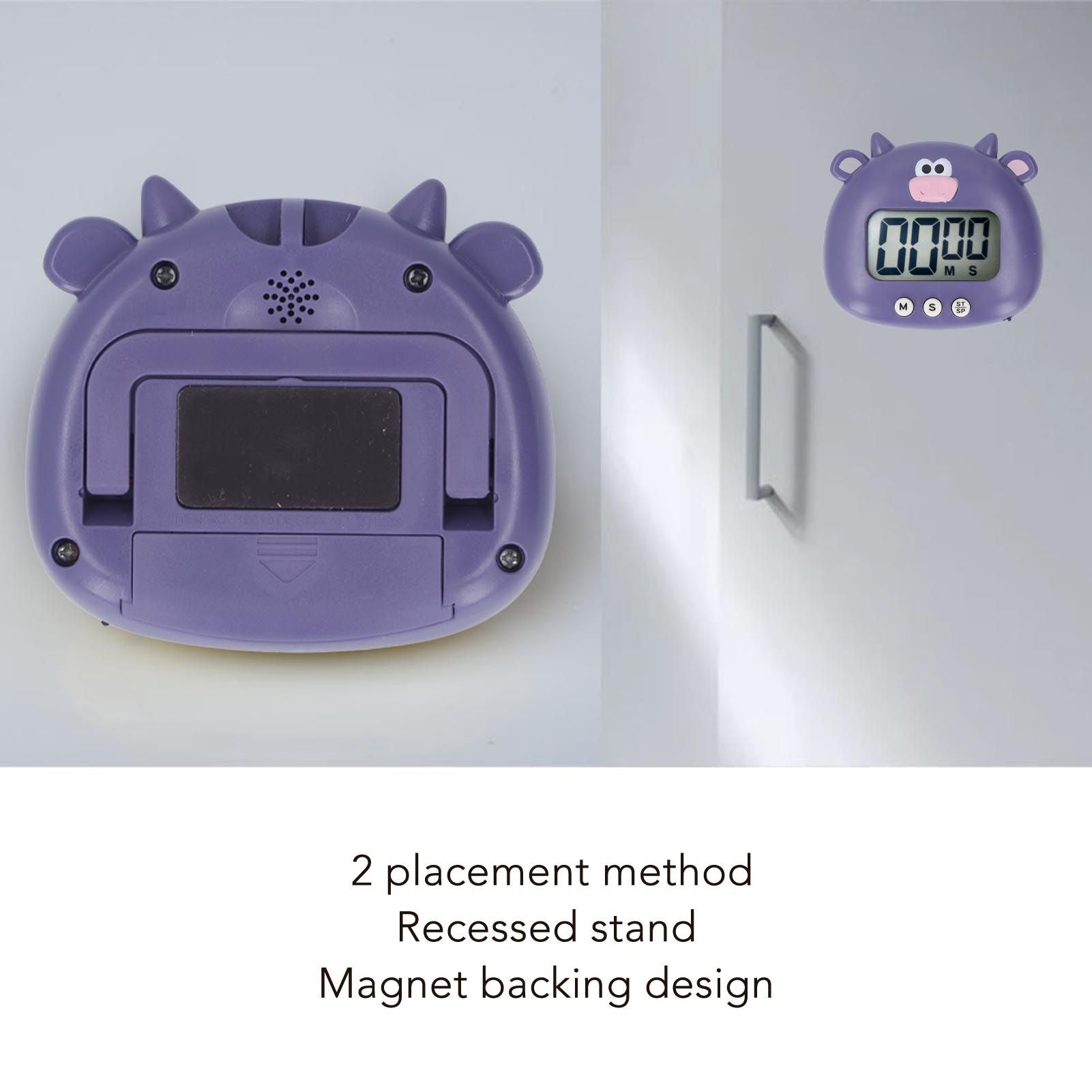 Digital Kitchen Timer Countup Countdown Cartoon Animal Sound Flash Alert Easy Operation with Stand for Cooking Teaching Purple Cow