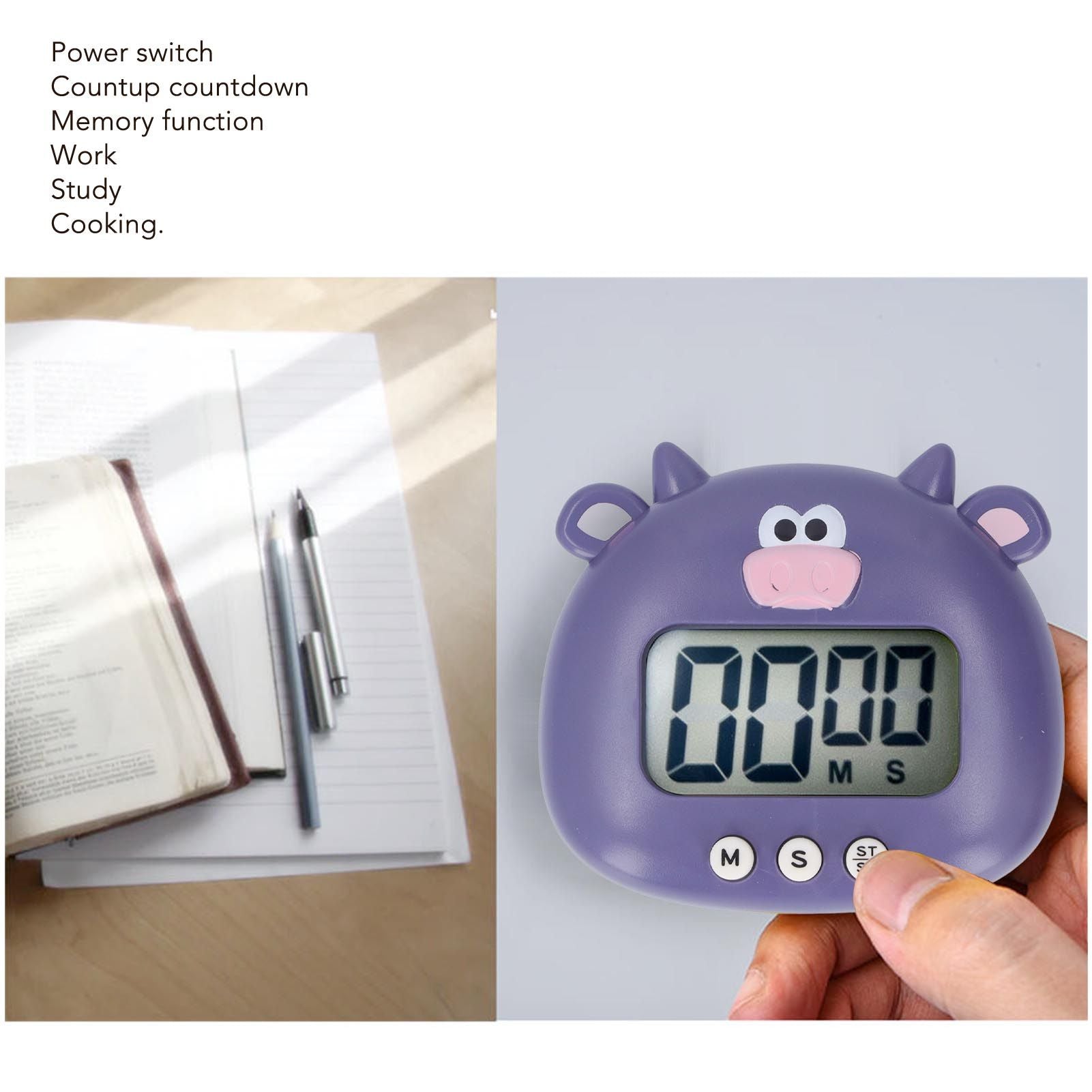Digital Kitchen Timer Countup Countdown Cartoon Animal Sound Flash Alert Easy Operation with Stand for Cooking Teaching Purple Cow