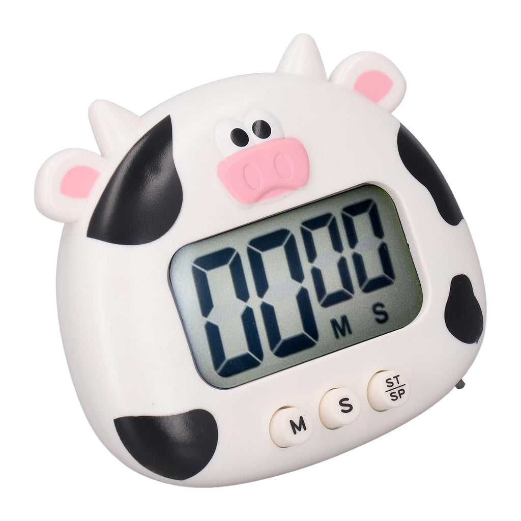 Digital Kitchen Timer Countup Countdown Cartoon Animal Sound Flash Alert Easy Operation with Stand for Cooking Teaching White Cow