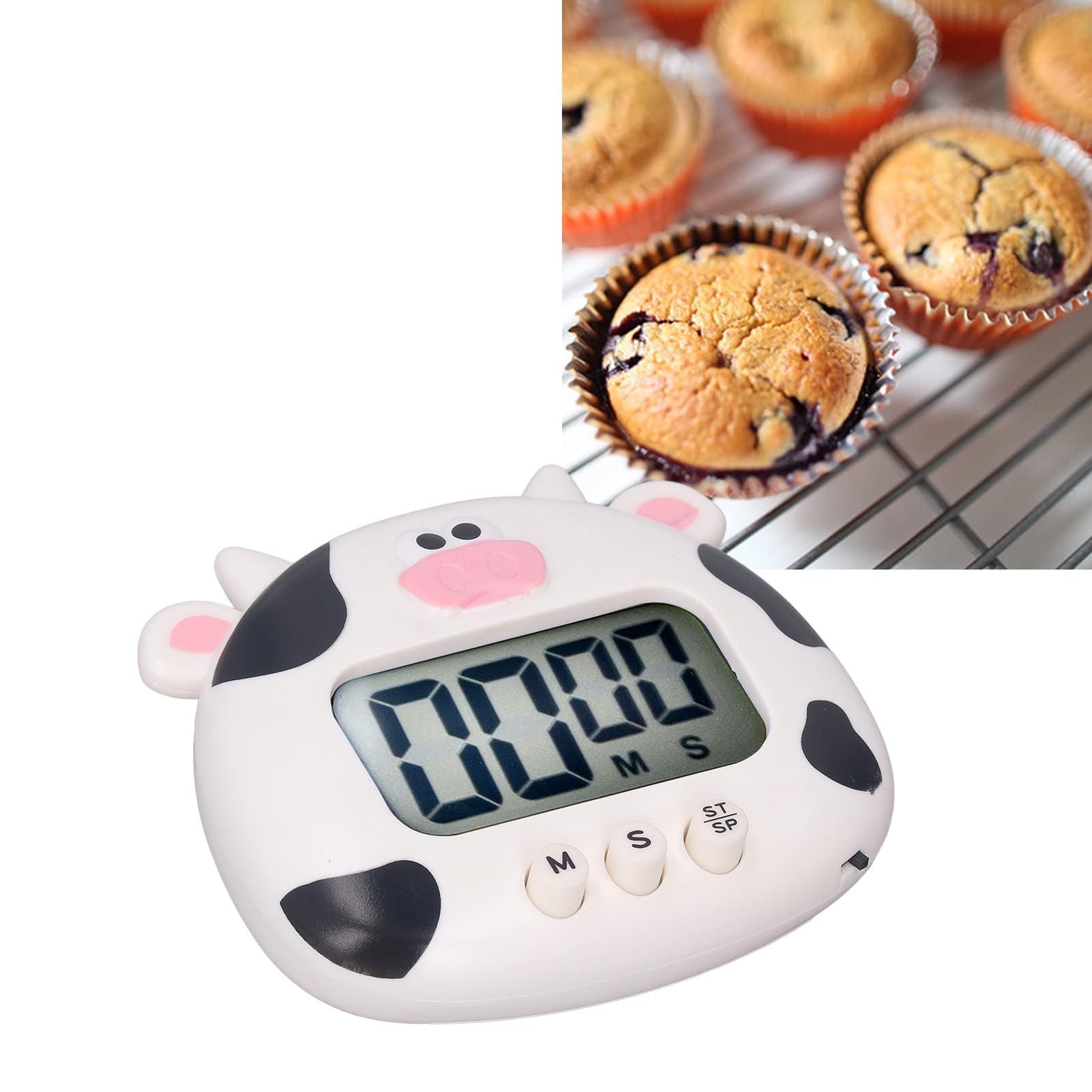 Digital Kitchen Timer Countup Countdown Cartoon Animal Sound Flash Alert Easy Operation with Stand for Cooking Teaching White Cow