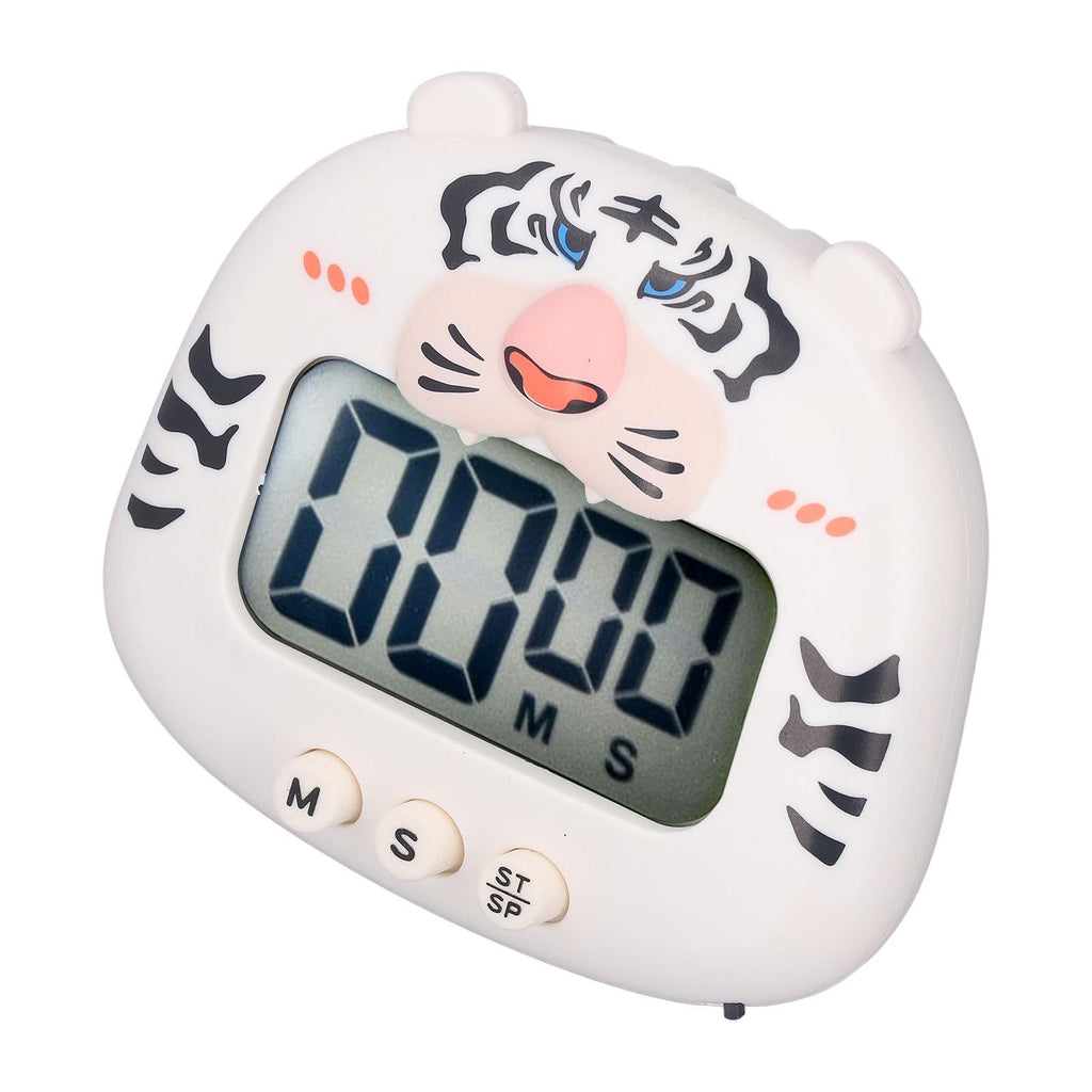 Digital Kitchen Timer Countup Countdown Cartoon Animal Sound Flash Alert Easy Operation with Stand for Cooking Teaching White Tiger