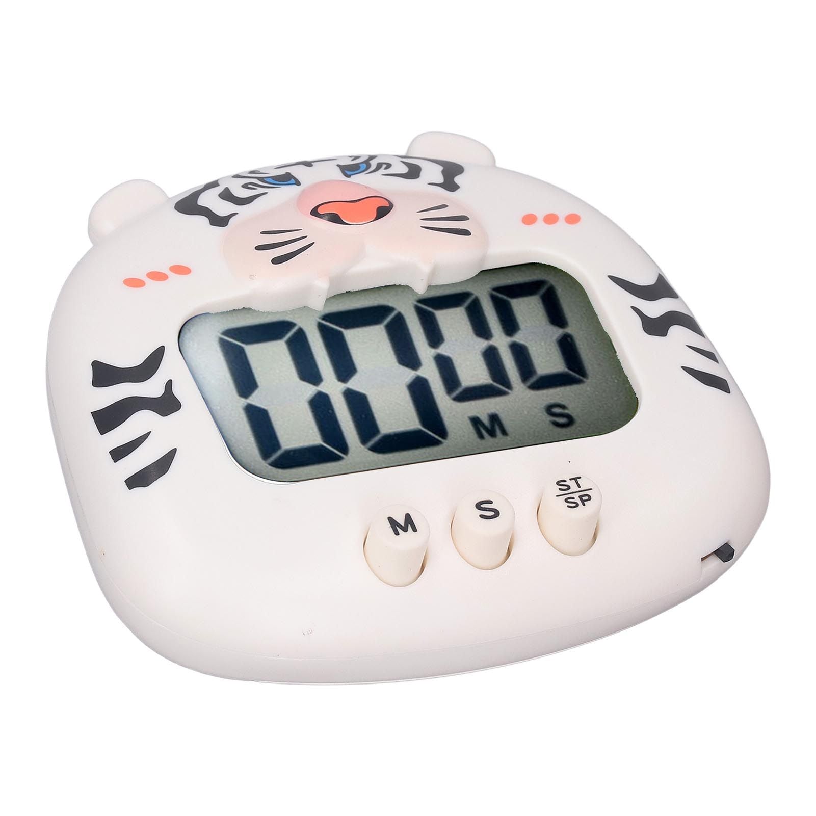 Digital Kitchen Timer Countup Countdown Cartoon Animal Sound Flash Alert Easy Operation with Stand for Cooking Teaching White Tiger