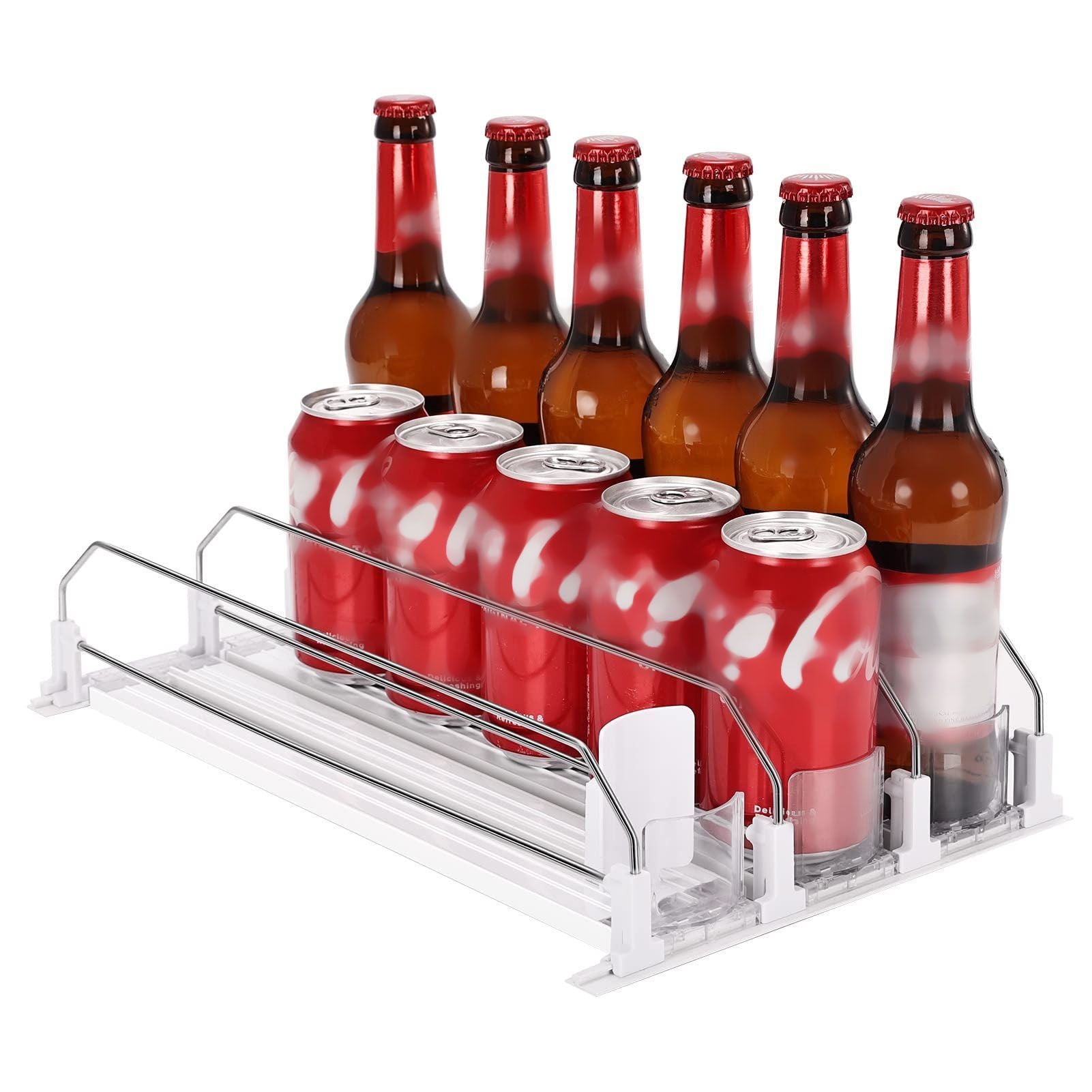 38cm Drink Organizer for Fridge Automatic Pusher Glide 12oz 16oz 20oz Soda Dispenser for Fridge Width Adjustable E Shaped 38cm Black