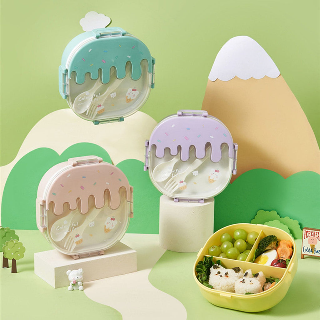Bento Lunch Box for Kids Adults 3 Compartment Plastic Cute Ice Cream Lunch Snack Containers with Fork and Spoon for School Work Travel Pink