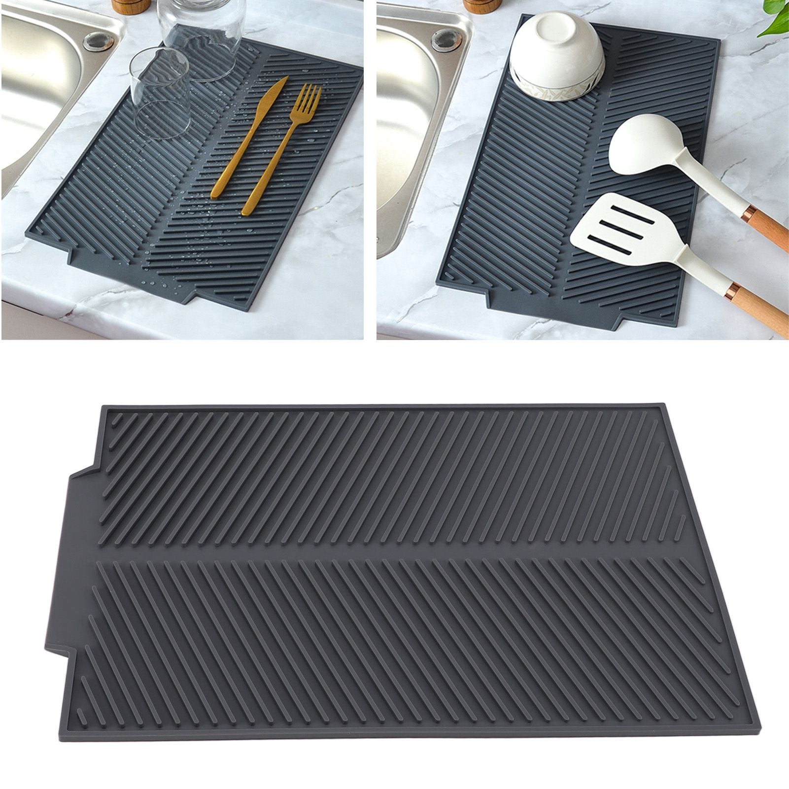 Silicone Dish Drying Mat Anti Slip Shock Proof Easy To Clean Kitchen Counter Drying Mat for Dish Bowl Fork S 39x25cm