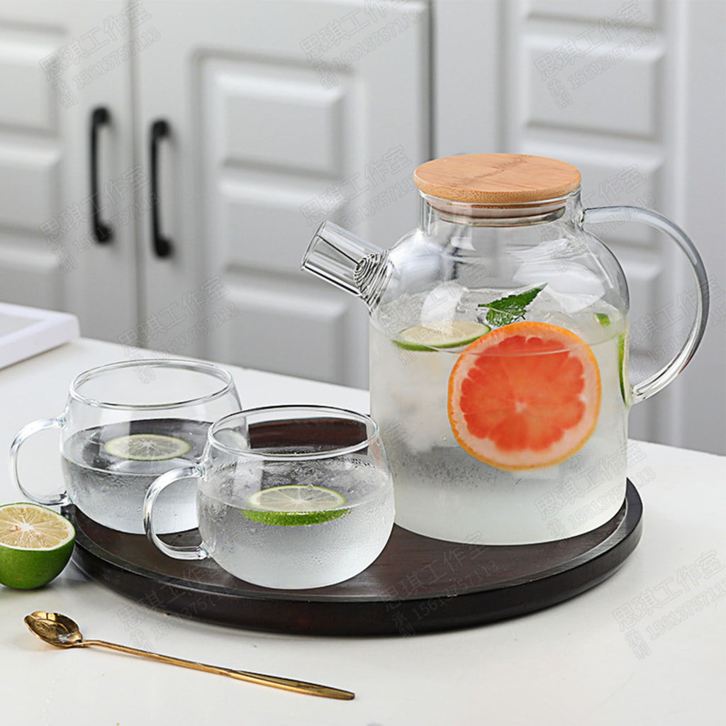 Water Pitcher 1800ml Glass Fridge Jug with Filter Whisk Wood Lid Heat Resistant Beverage Serveware for Drinks Tea Coffee