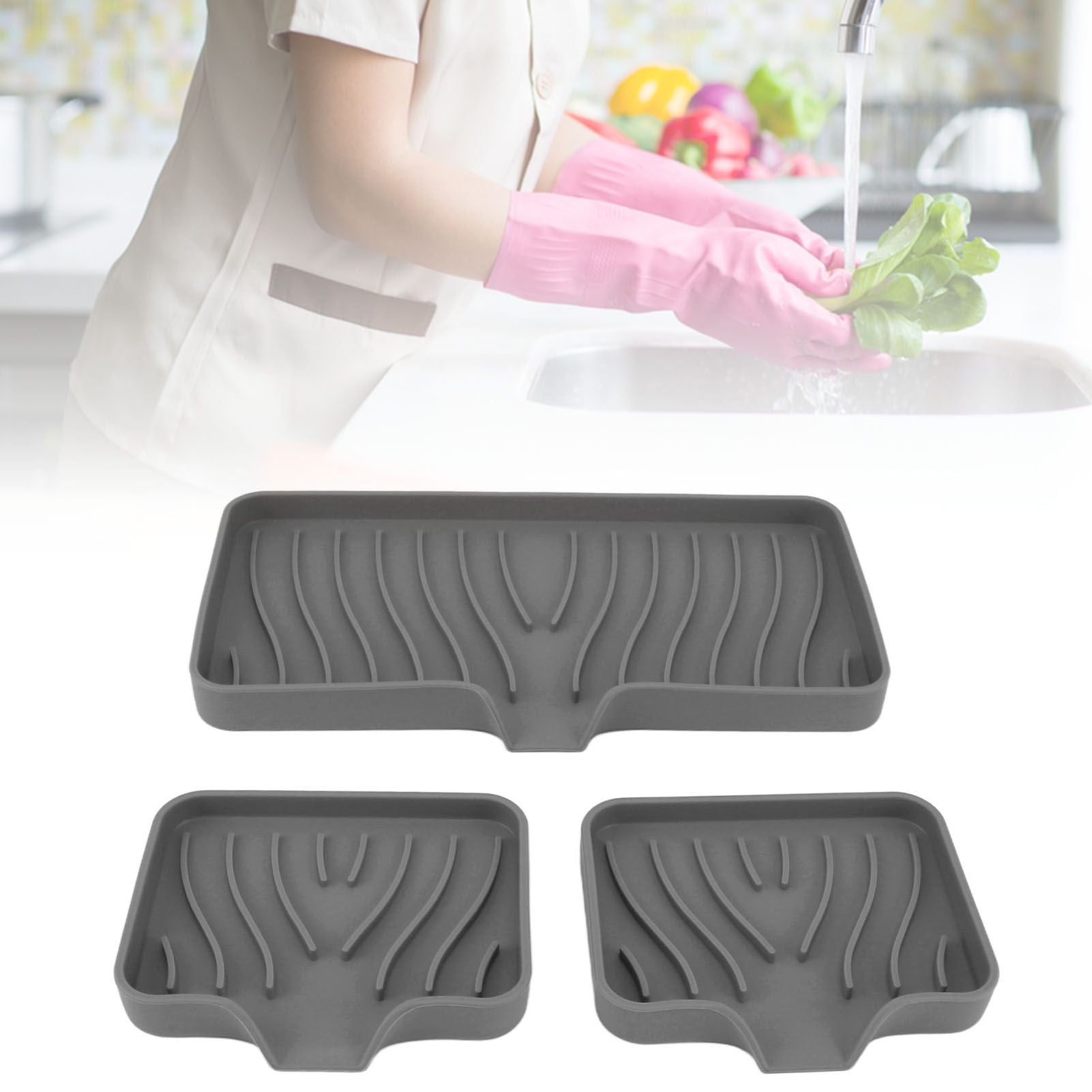 Kitchen Soap Tray Countertop Silicone Sink Deflector Sponge Holder for Bathroom Toilet Grey