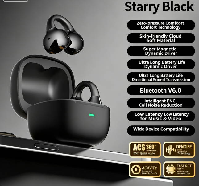 Y63 Zero Pressure Open Ear Wireless Earbuds Bluetooth 6.0 Heavy Bass Headphones，black