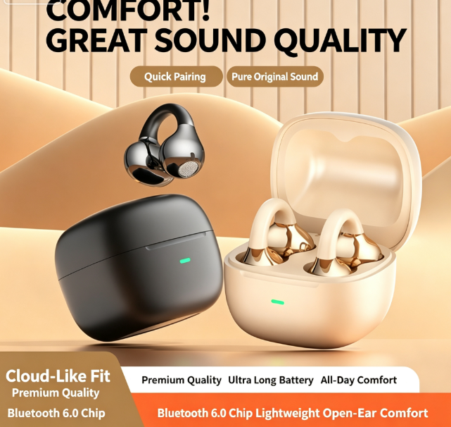 Y63 Zero Pressure Open Ear Wireless Earbuds Bluetooth 6.0 Heavy Bass Headphones，orange