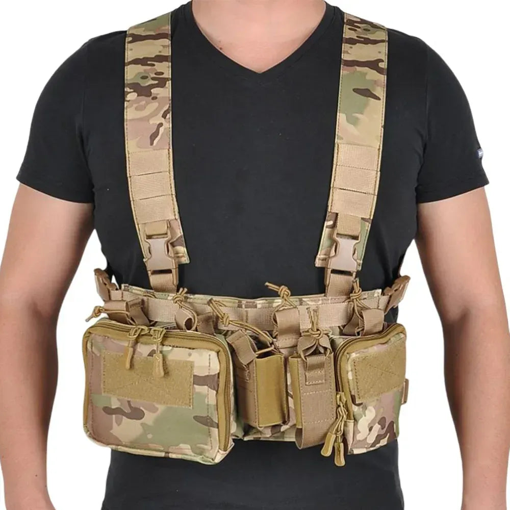 Tactical Chest Vest Rig Bag Field Training Vest Multifunctional Camouflage Strap with Multi-Pocket Outdoor Camping CS Match Pack - Khaki