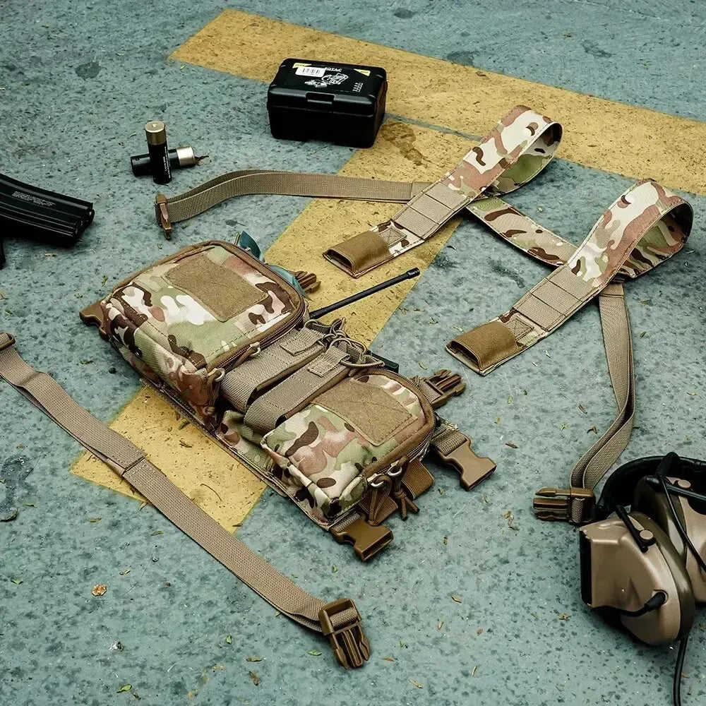 Tactical Chest Vest Rig Bag Field Training Vest Multifunctional Camouflage Strap with Multi-Pocket Outdoor Camping CS Match Pack - Khaki