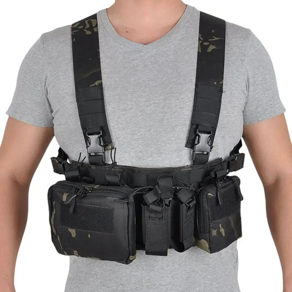 Tactical Chest Vest Rig Bag Field Training Vest Multifunctional Camouflage Strap with Multi-Pocket Outdoor Camping CS Match Pack - Black Camouflage