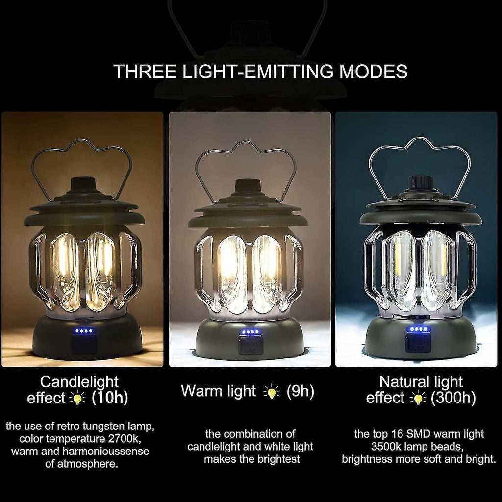 Led Camping Lantern,rechargeable Retro Dimmable Camping Light Waterproof Tent Light For Power Outages Hiking Emergency Fishing - Black