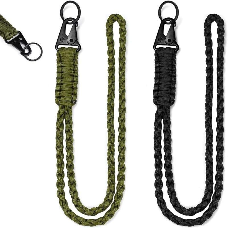 2Pcs Woven Paracord Lanyard Keychain, Heavy Duty Cell Phone Neck Lanyard, Black & Army Green
