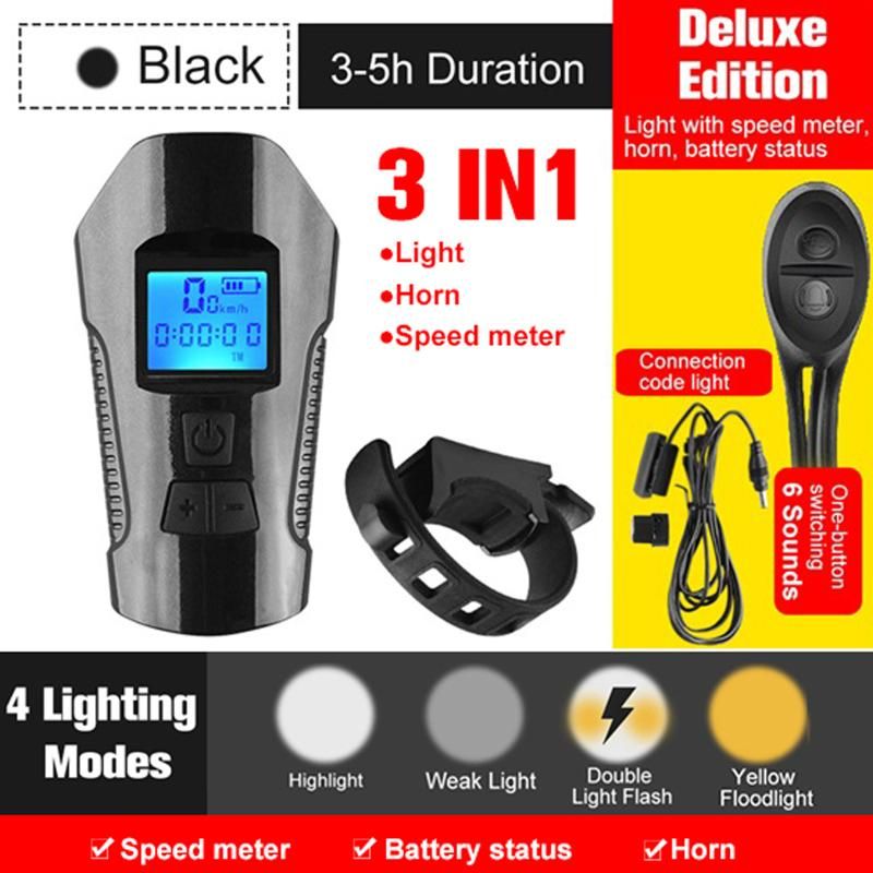 Bike Light Set Speedometer LED Bike Lights Horn LCD USB Bike Tail Light Black