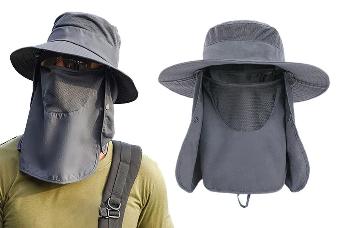 Outdoor Sun Protection Fishing Cap Wide Brim Hat With Neck Flap And Face Cover - Army Green