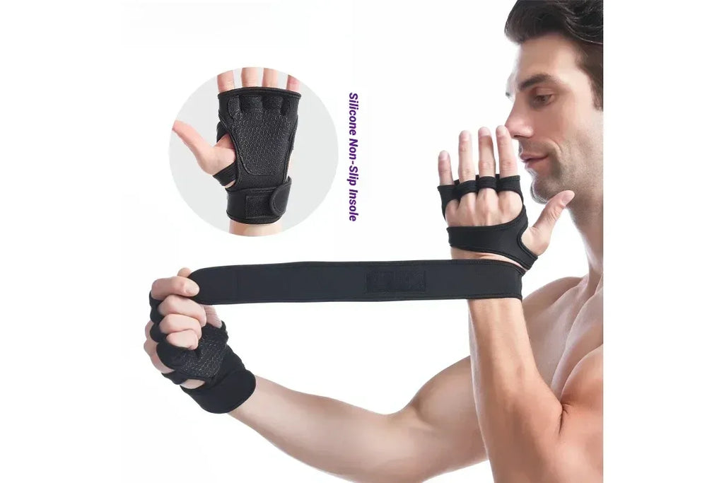 Half Finger Training Sport Gloves For Men Women Workout Fitness Body Building Weightlifting Gym Hand Wrist Protector Dumbbells - Red (1pair) L
