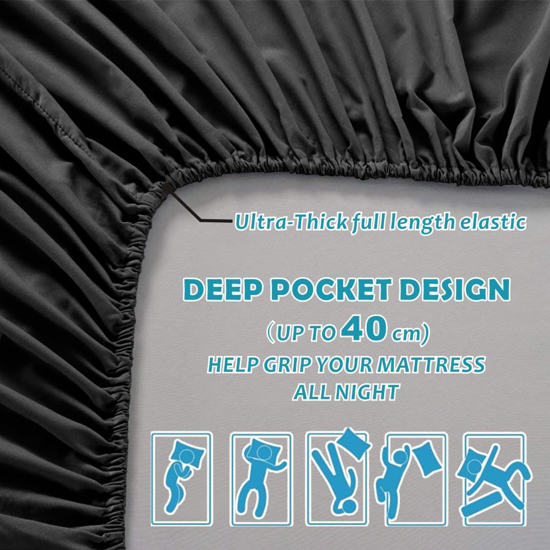 Hotel Quality Fitted Sheet - 1 Piece Fitted Sheet  -Breathable Bedding - Wrinkle, Fade, Stain Resistant- 16inch/40cm Deep Pocket Fitted Bed Sheet-Wrinkle and Fade Resistant,(Black,King)