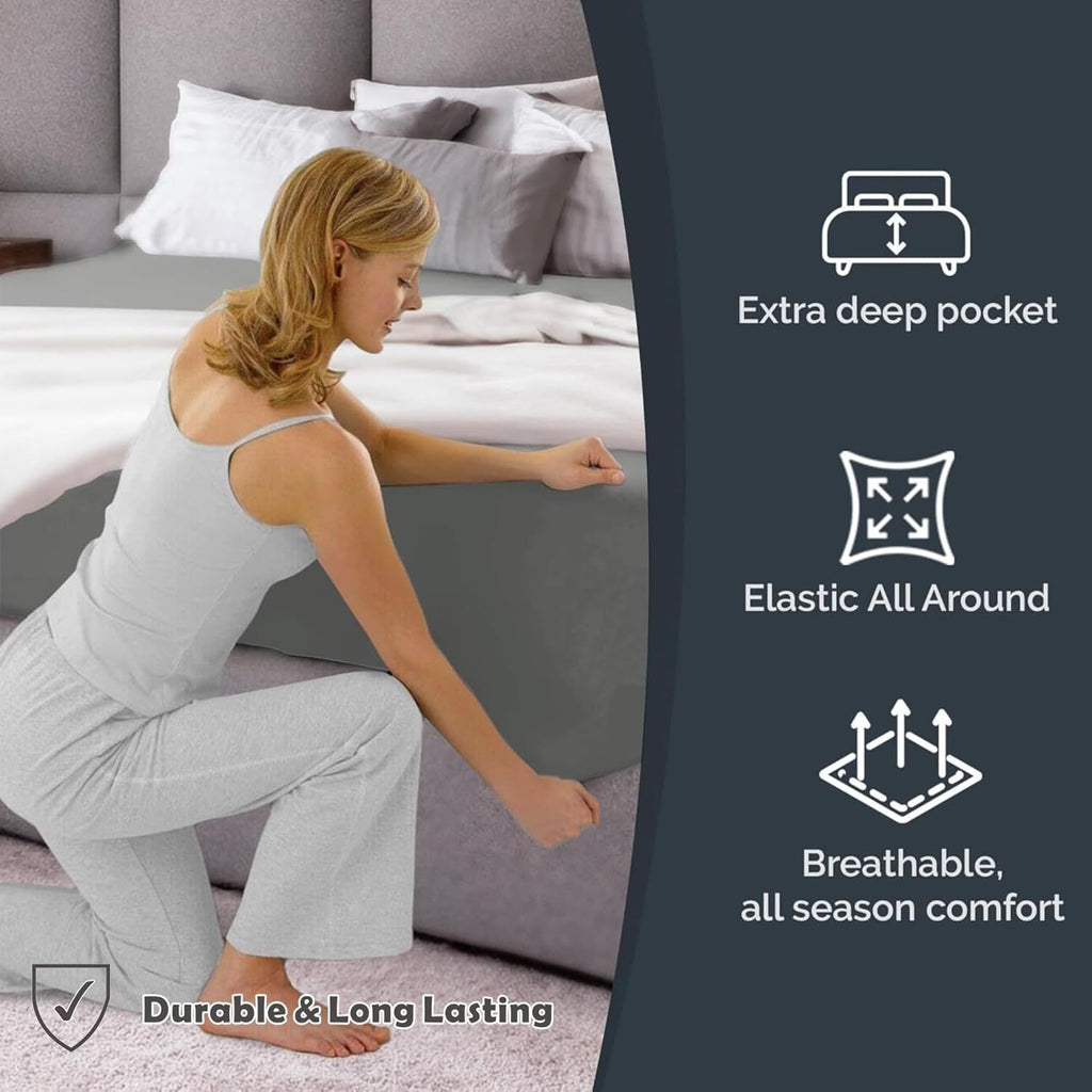Hotel Quality Fitted Sheet - 1 Piece Fitted Sheet  -Breathable Bedding - Wrinkle, Fade, Stain Resistant- 16inch/40cm Deep Pocket Fitted Bed Sheet-Wrinkle and Fade Resistant,(Grey,Queen)