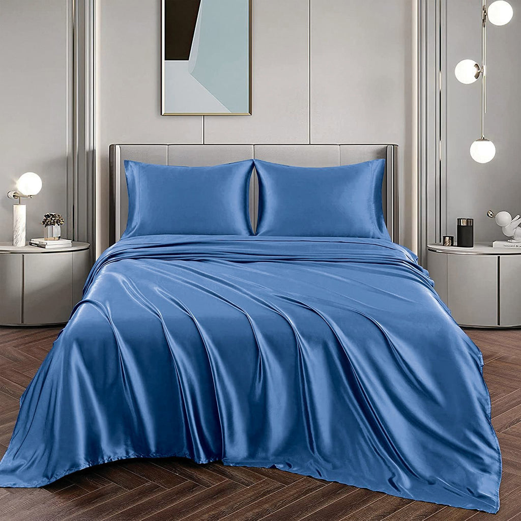 Art Silk Satin Sheet Set Hotel 4 Pieces Fitted/Flat Sheet Bedding Set-Luxury Soft Silky Sheets for Hair and Skin, Similar to Silk Bed Sheets Set 4 Pieces(Double,Ocean)