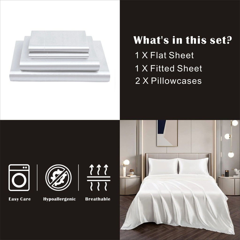 Art Silk Satin Sheet Set Hotel 3 Pieces Fitted/Flat Sheet Bedding Set-Luxury Soft Silky Sheets for Hair and Skin, Similar to Silk Bed Sheets Set 3 Pieces(King Single,White)