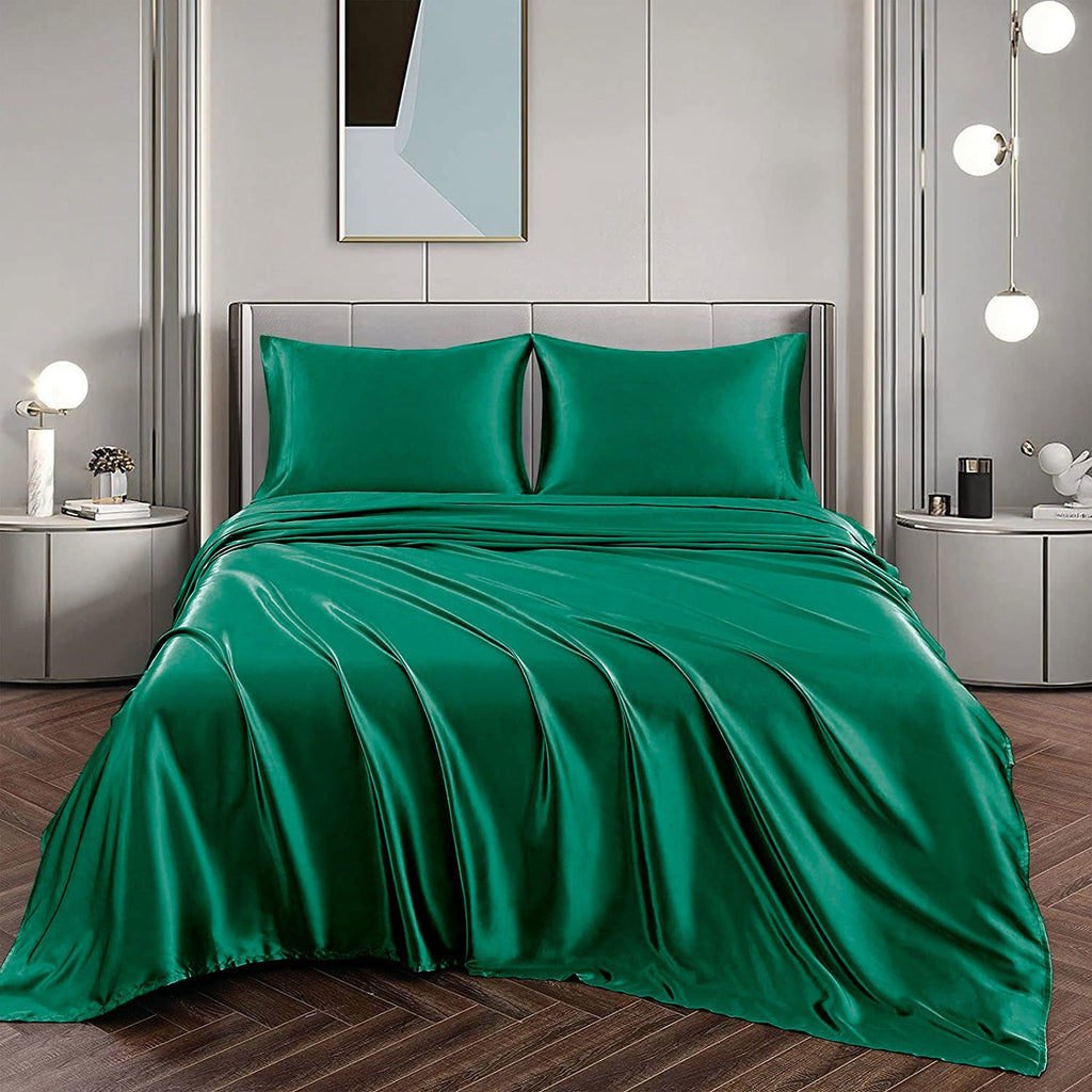 Art Silk Satin Sheet Set Hotel 3 Pieces Fitted/Flat Sheet Bedding Set-Luxury Soft Silky Sheets for Hair and Skin, Similar to Silk Bed Sheets Set 3 Pieces(King Single,Green)