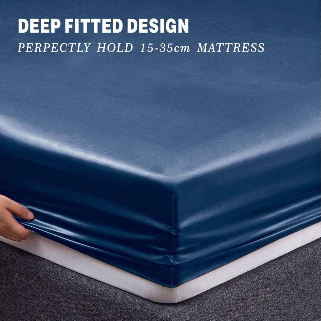 Art Silk Satin Sheet Set Hotel 4 Pieces Fitted/Flat Sheet Bedding Set-Luxury Soft Silky Sheets for Hair and Skin, Similar to Silk Bed Sheets Set 4 Pieces(Super King,Navy)