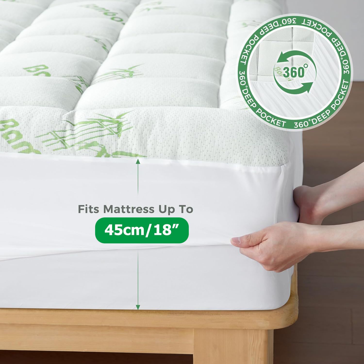 800GSM Mattress Topper Viscose Derived from Bamboo, Thick Pillowtop Fitted Mattress Cover with 45cm Deep Skirt - Machine Washable Hypoallergenic（King Single,Green）