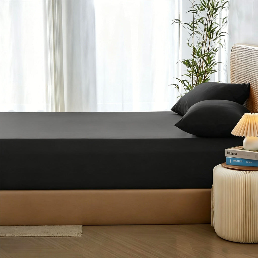 3 Piece Hotel Bamboo Cooling Fitted Sheet Set & Pillowcase -Ultra Soft 2000TC Breathable Fitted Bed Sheets Set with 37 Centimetre Deep Pocket-Cooling Sheets for Hot Sleepers(Black,King)